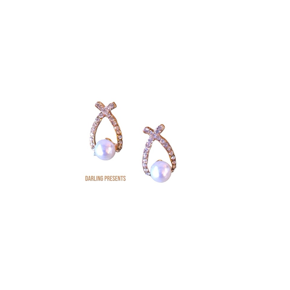 Crystal Pearl Cross Stud Earrings Women Color Gold